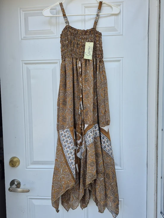 Brown Paisley Hippie Boho Bohemian Recycled Sari Silk Patchwork Midi Dress Small - Picture 1 of 8